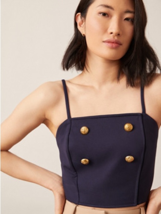 Eva Franco Tops - Eva Franco Navy Blue Double-Breasted Cropped Tank Top with Gold Buttons